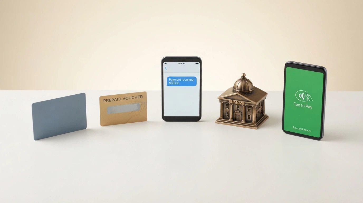 Srovnání ikon platebních metod — karta, Paysafecard, SMS, bankovní převod, Apple Pay