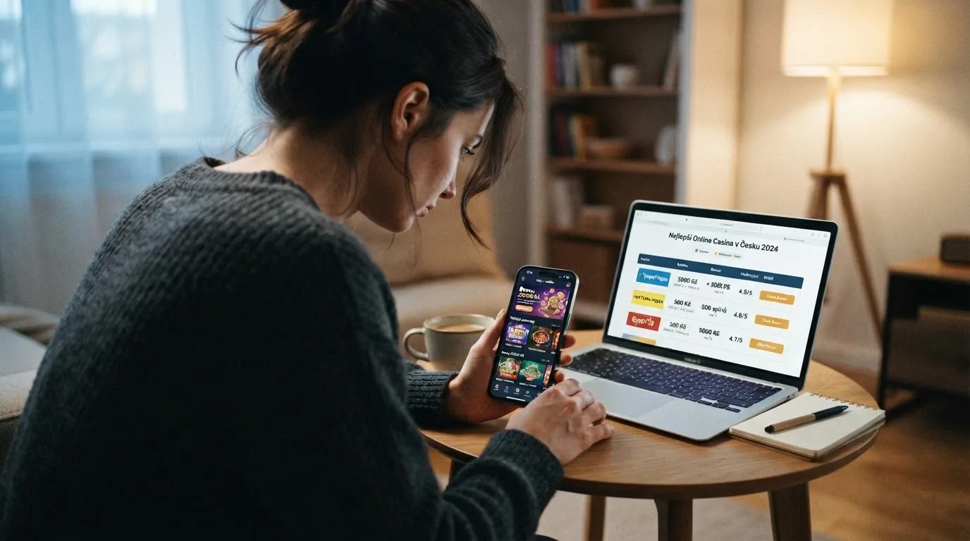 Hráč u obrazovky porovnávající dvě casina na mobilu a notebooku